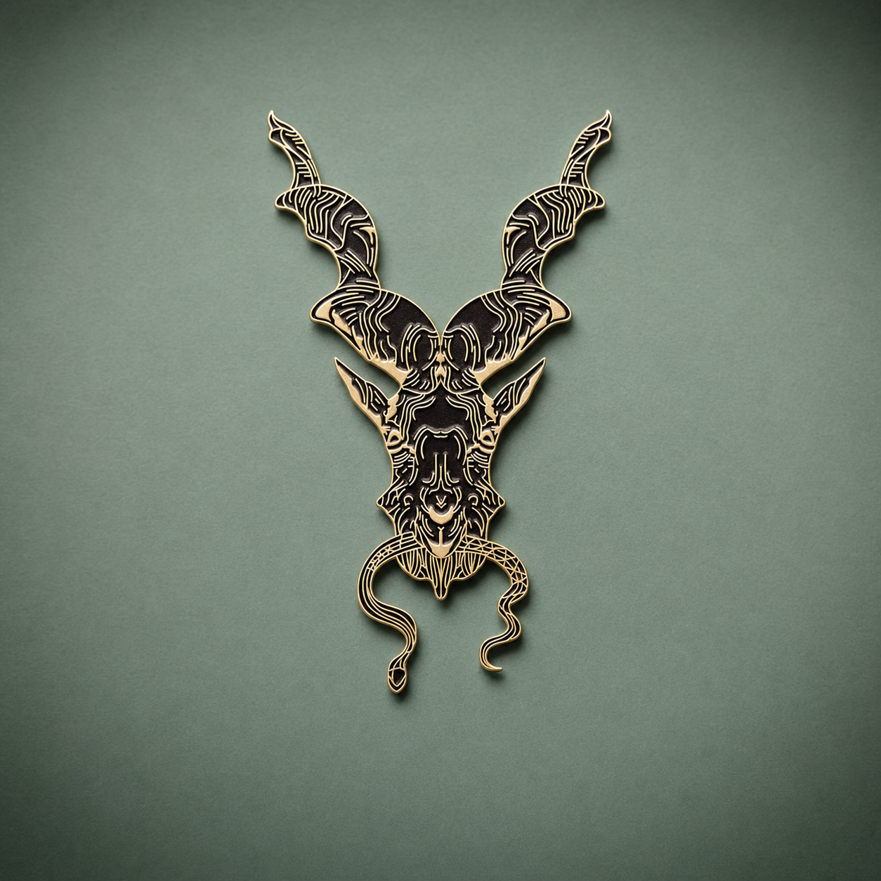 Apex Markhor pin, heirloom gold, on sage green — hero