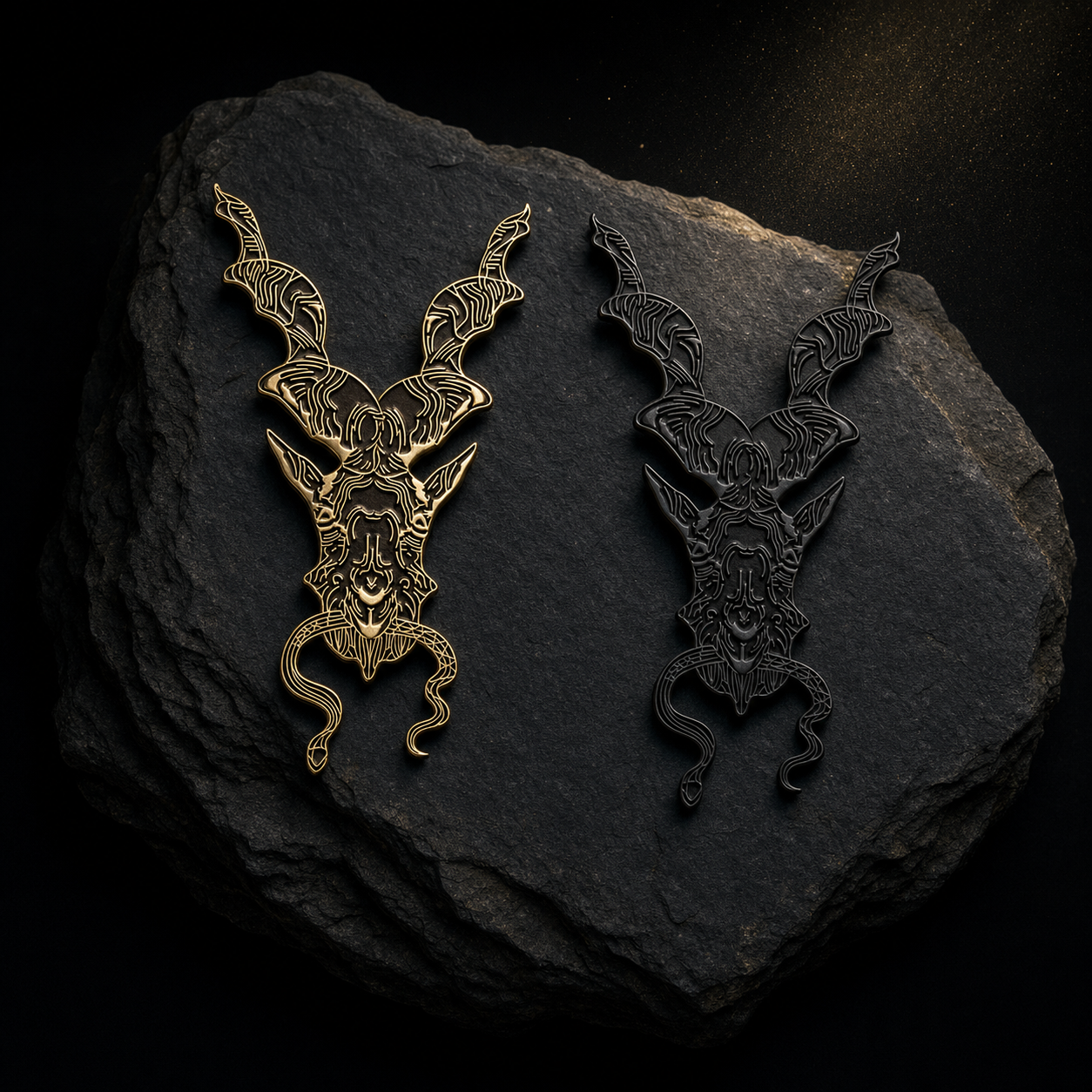 Heirloom Gold and Midnight Karakoram pair on slate